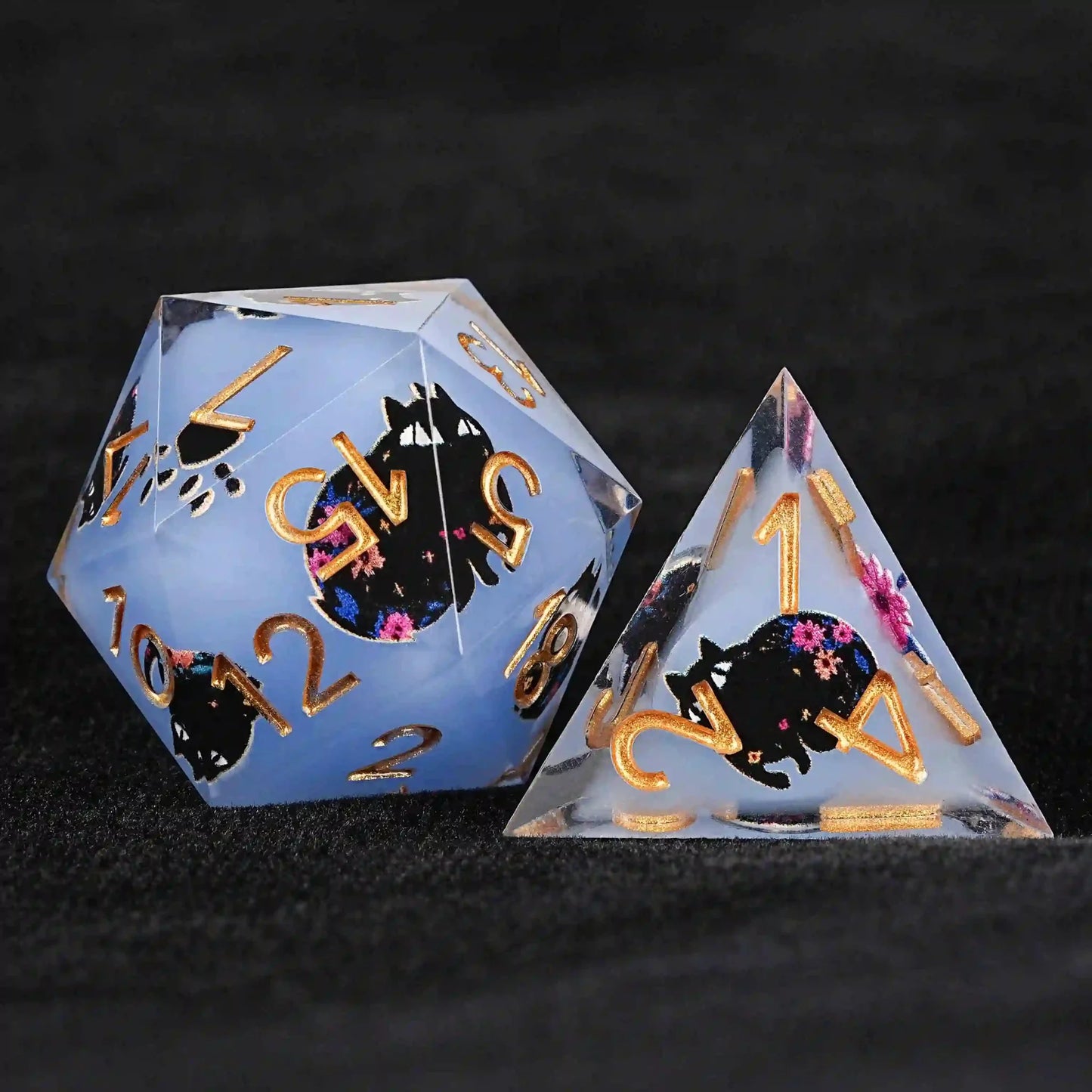 Cool dice sets: 7 gold font polyhedron dnd black cat resin dice