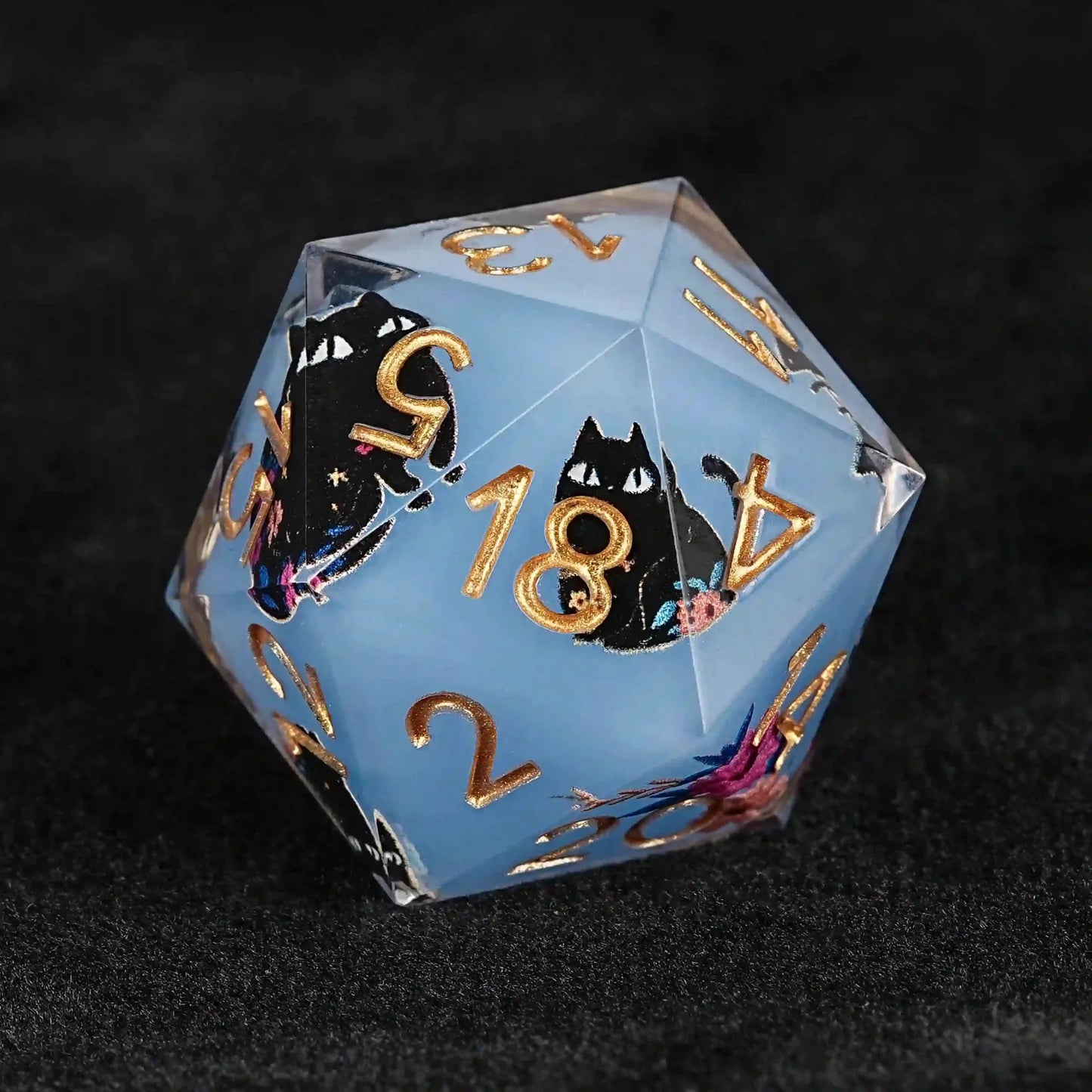 Cool dice sets: 7 gold font polyhedron dnd black cat resin dice