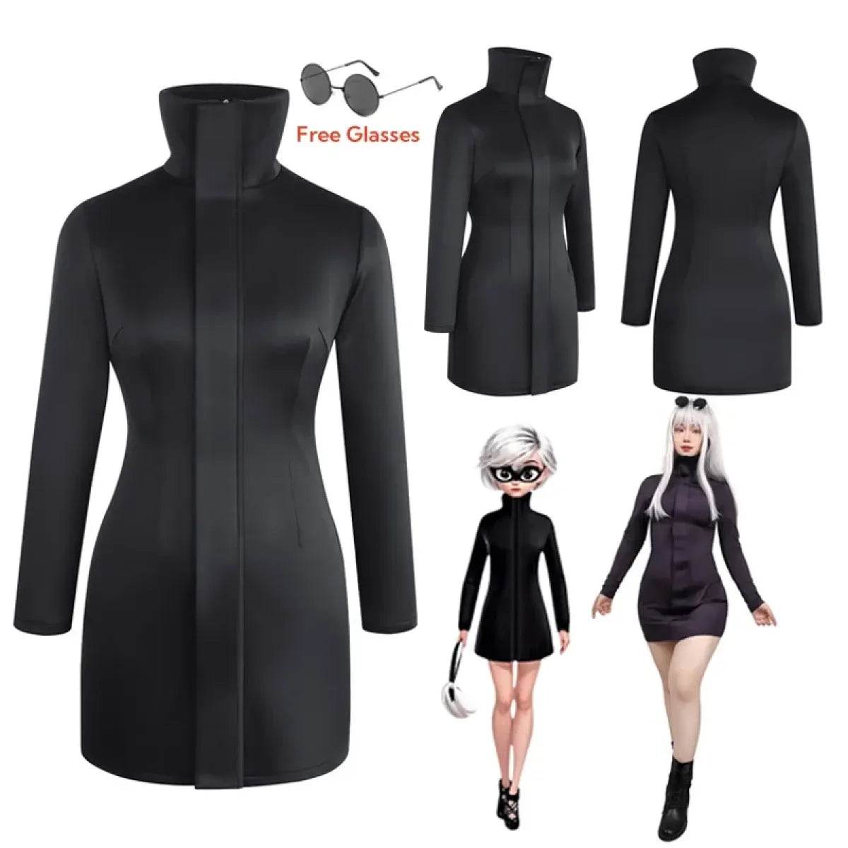 Gojo-Inspired Bodycon Cosplay Dress – Stretch Fit with Glasses Set - Costume Set / M