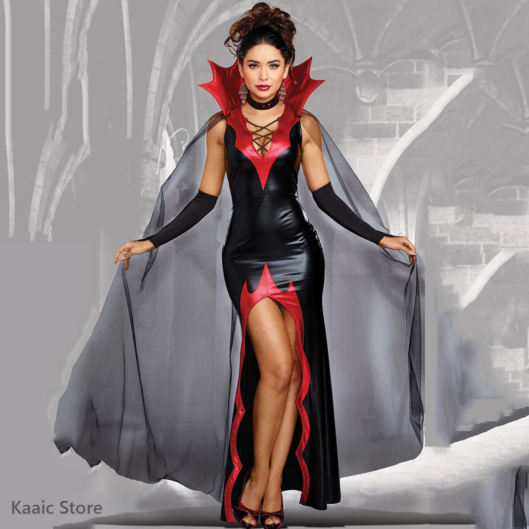 Cosplay Witch Dress Cloak Women Patent Leather Prom Magic Vampire Female Demon Christmas Costumes Role Playing Halloween Costume