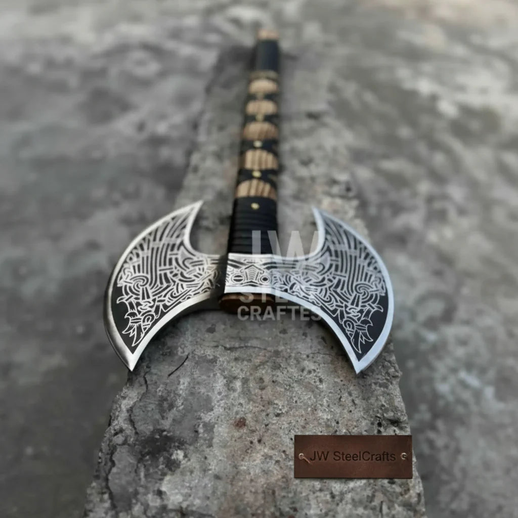 Hand-Engraved Double-Headed Nordic Inspired Decorative Axe