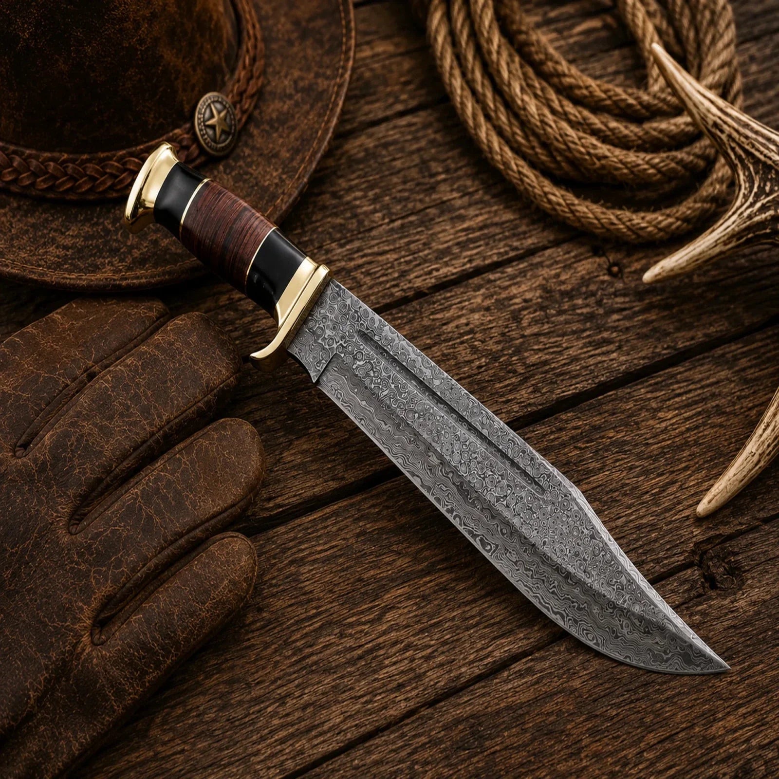 Crocodile Dundee Bowie Knife for sale – 16" Damascus Steel with Leather Sheath