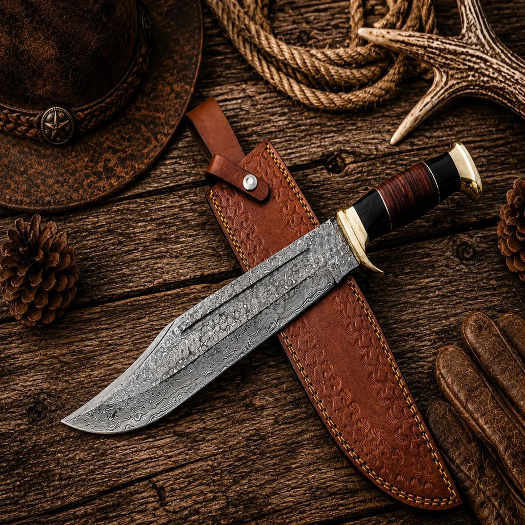 Crocodile Dundee Bowie Knife for sale – 16" Damascus Steel with Leather Sheath