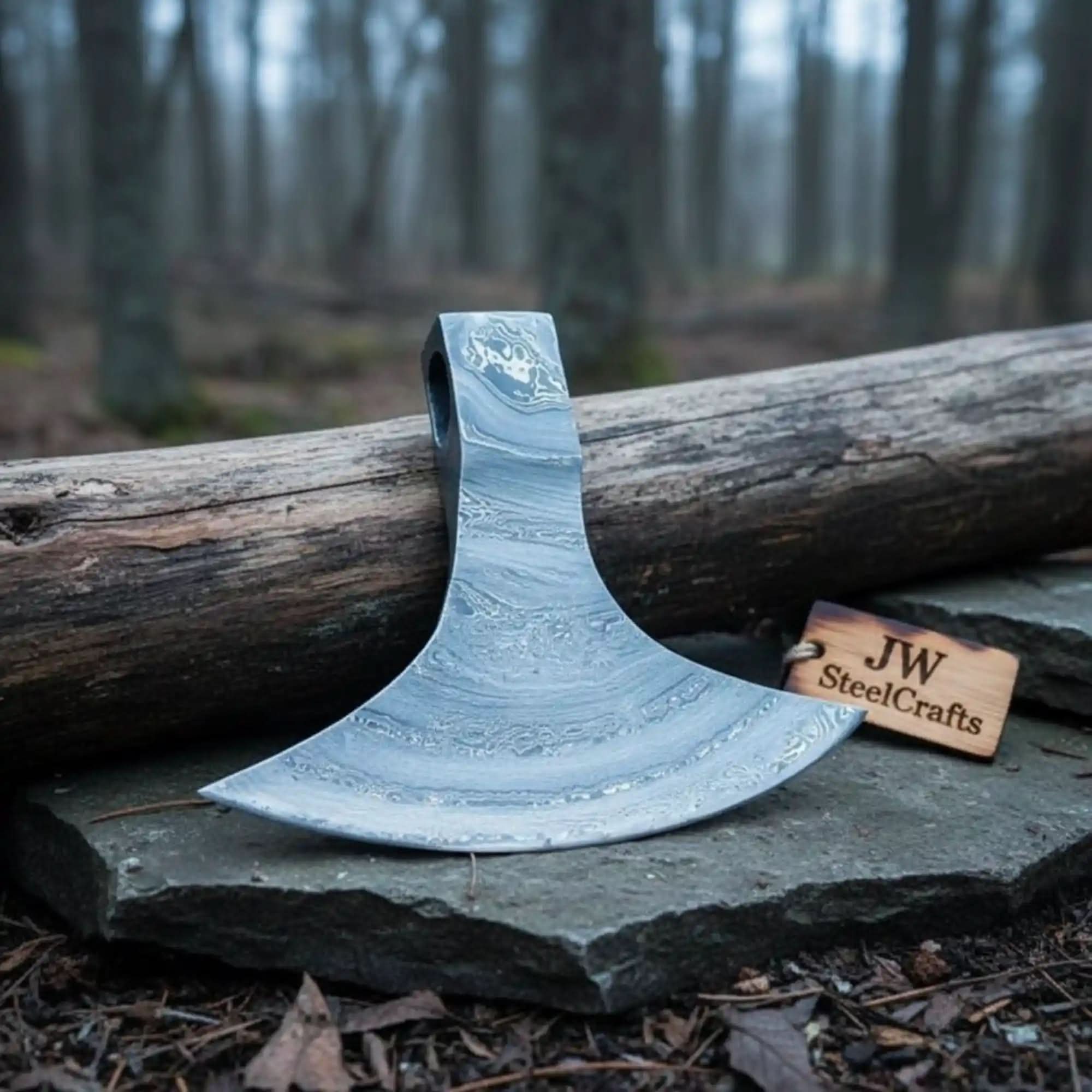 Damascus Steel Bearded Axe Head Blank – Hand Forged Viking Axe Head for Custom Handle Making | JW SteelCrafts