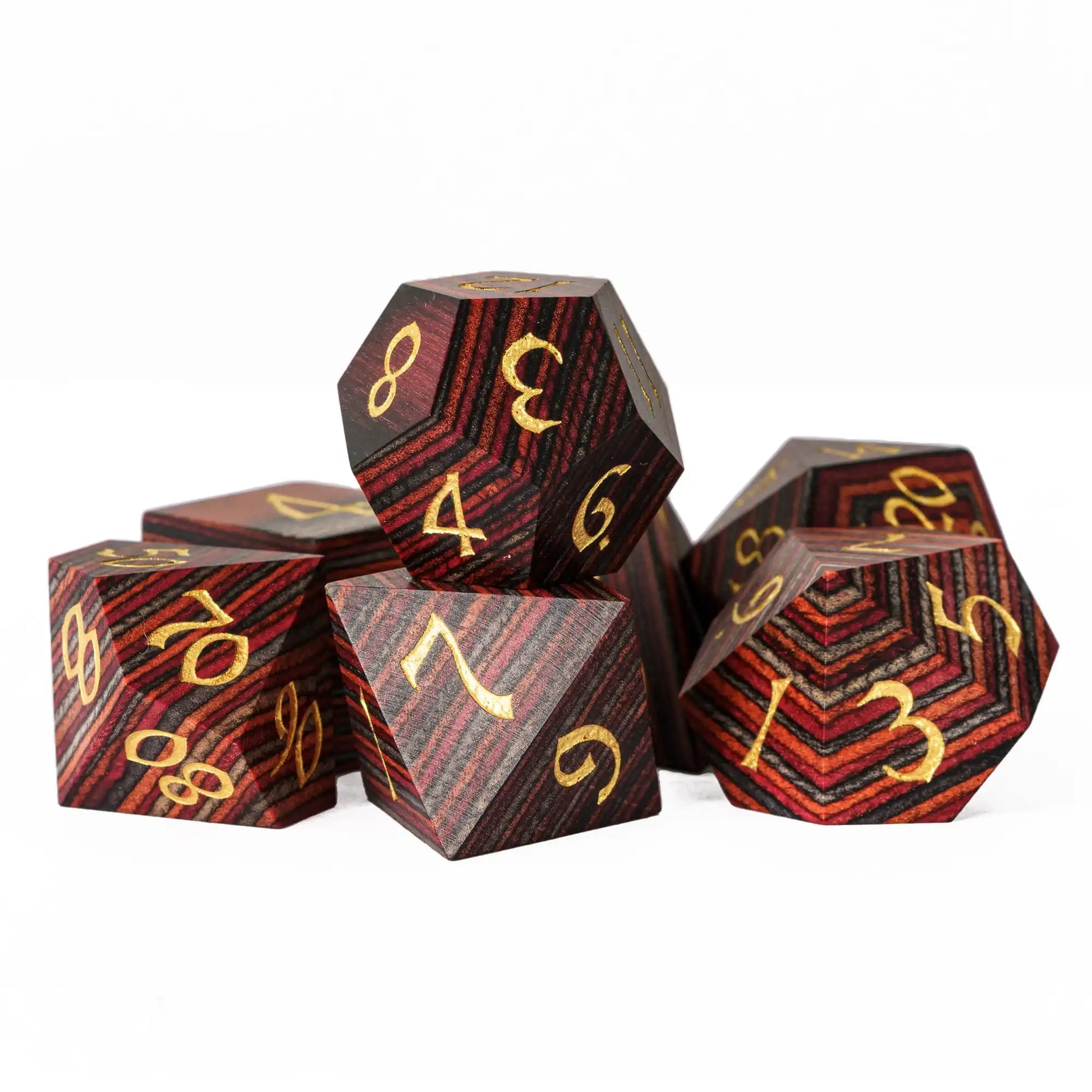 Cusdie 7Pcs Wooden Dice Set Unique Stripe D&D Dice D4 D6 D8 D10 D% D12 D20 Polyhedral Games Dice Set for Table Games RPG