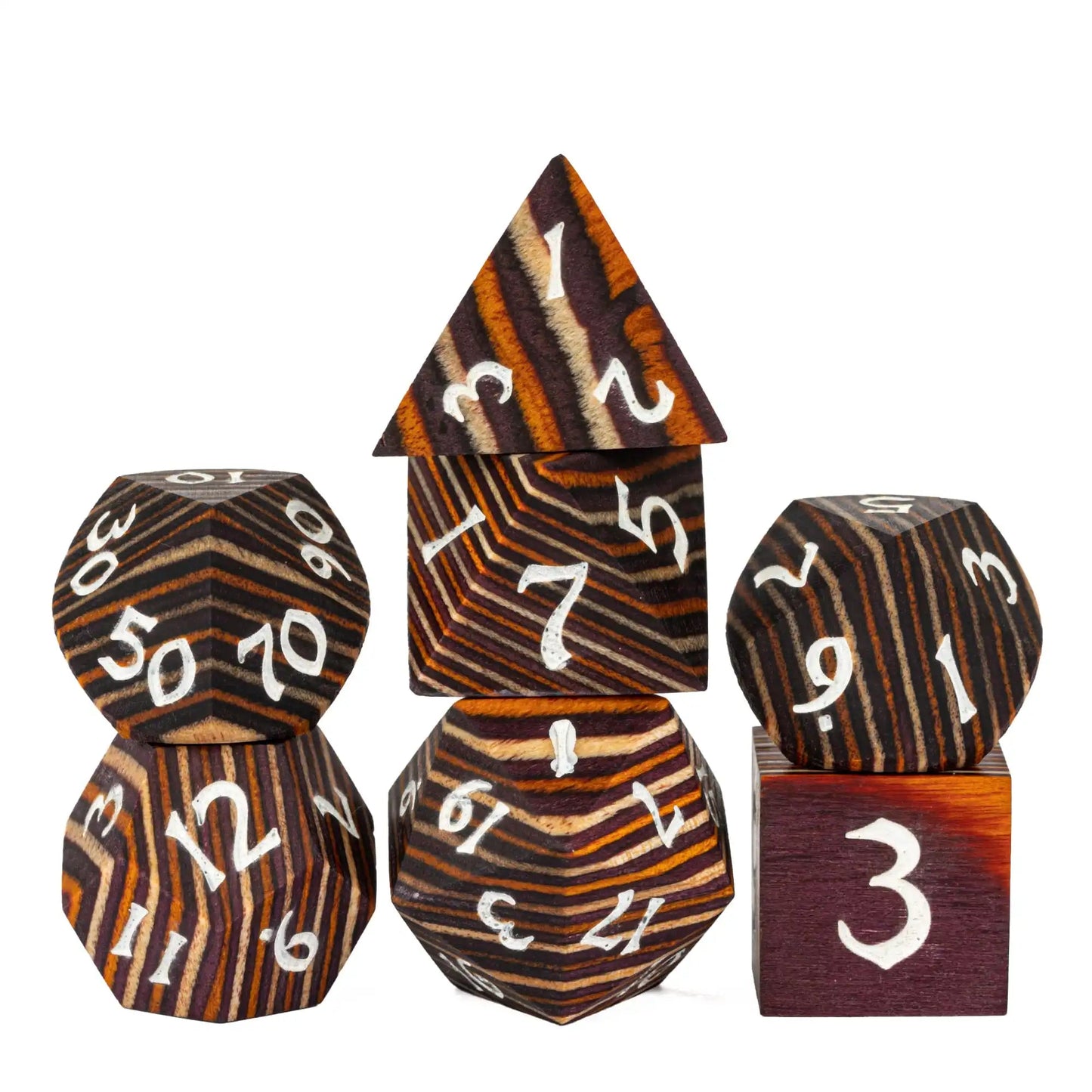 Cusdie 7Pcs Wooden Dice Set Unique Stripe D&D Dice D4 D6 D8 D10 D% D12 D20 Polyhedral Games Dice Set for Table Games RPG