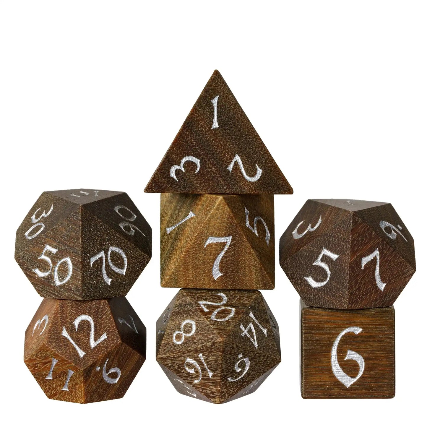 Cusdie 7Pcs Wooden Dice Set Unique Stripe D&D Dice D4 D6 D8 D10 D% D12 D20 Polyhedral Games Dice Set for Table Games RPG