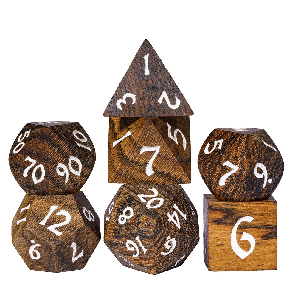 Cusdie 7Pcs Wooden Dice Set Unique Stripe D&D Dice D4 D6 D8 D10 D% D12 D20 Polyhedral Games Dice Set for Table Games RPG