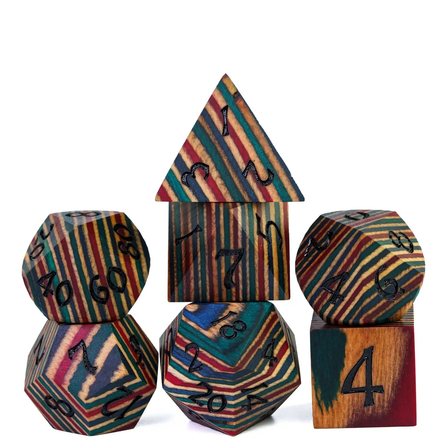 Cusdie 7Pcs Wooden Dice Set Unique Stripe D&D Dice D4 D6 D8 D10 D% D12 D20 Polyhedral Games Dice Set for Table Games RPG