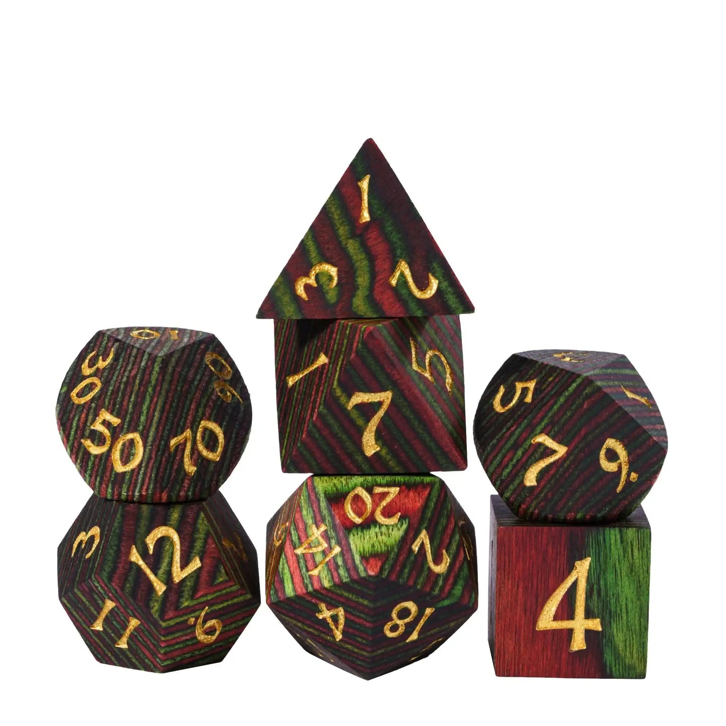 Cusdie 7Pcs Wooden Dice Set Unique Stripe D&D Dice D4 D6 D8 D10 D% D12 D20 Polyhedral Games Dice Set for Table Games RPG