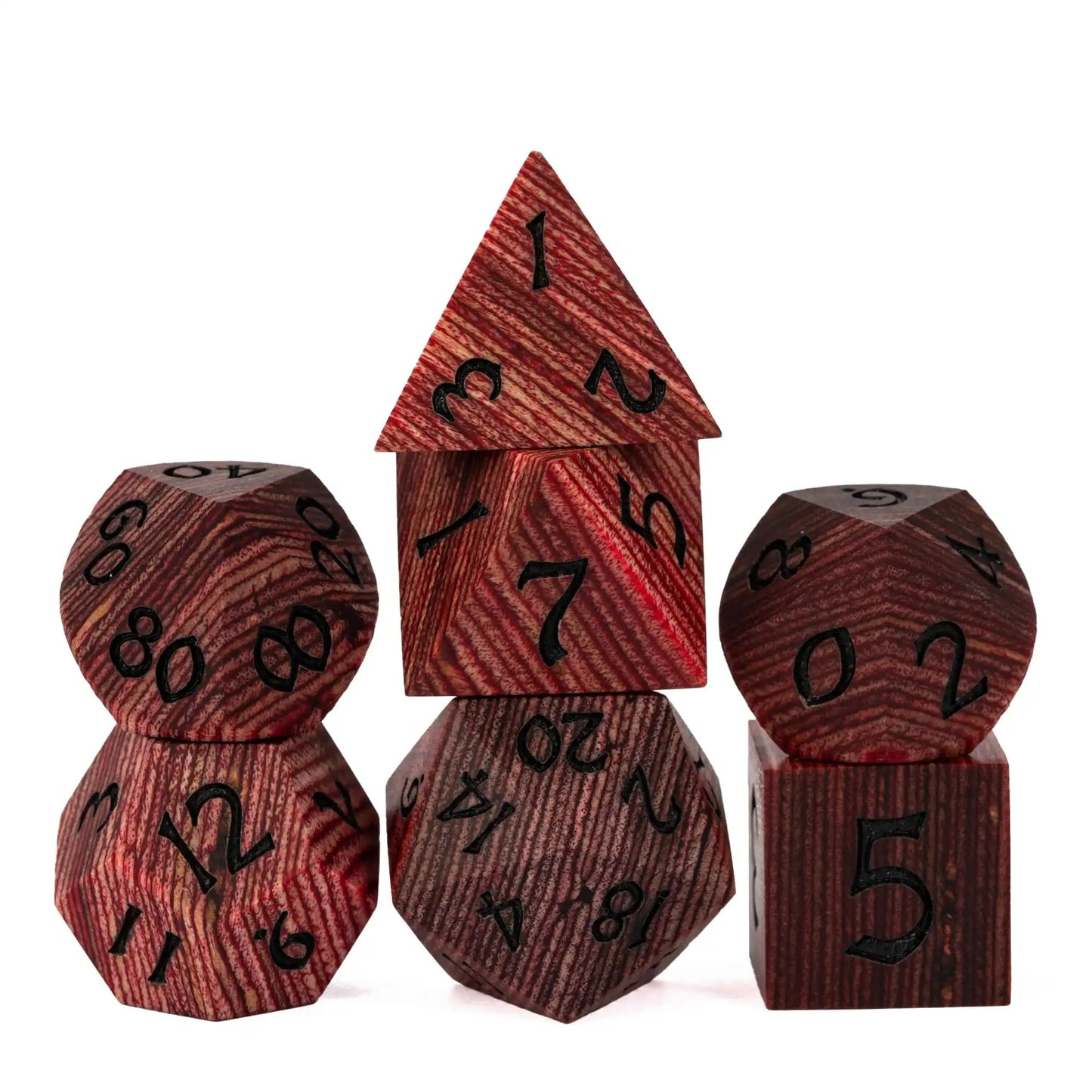 Cusdie 7Pcs Wooden Dice Set Unique Stripe D&D Dice D4 D6 D8 D10 D% D12 D20 Polyhedral Games Dice Set for Table Games RPG