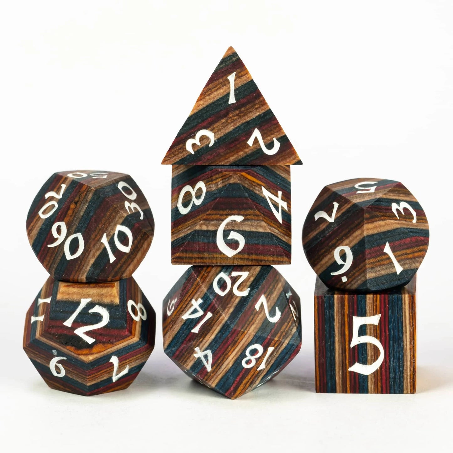 Cusdie 7Pcs Wooden Dice Set Unique Stripe D&D Dice D4 D6 D8 D10 D% D12 D20 Polyhedral Games Dice Set for Table Games RPG