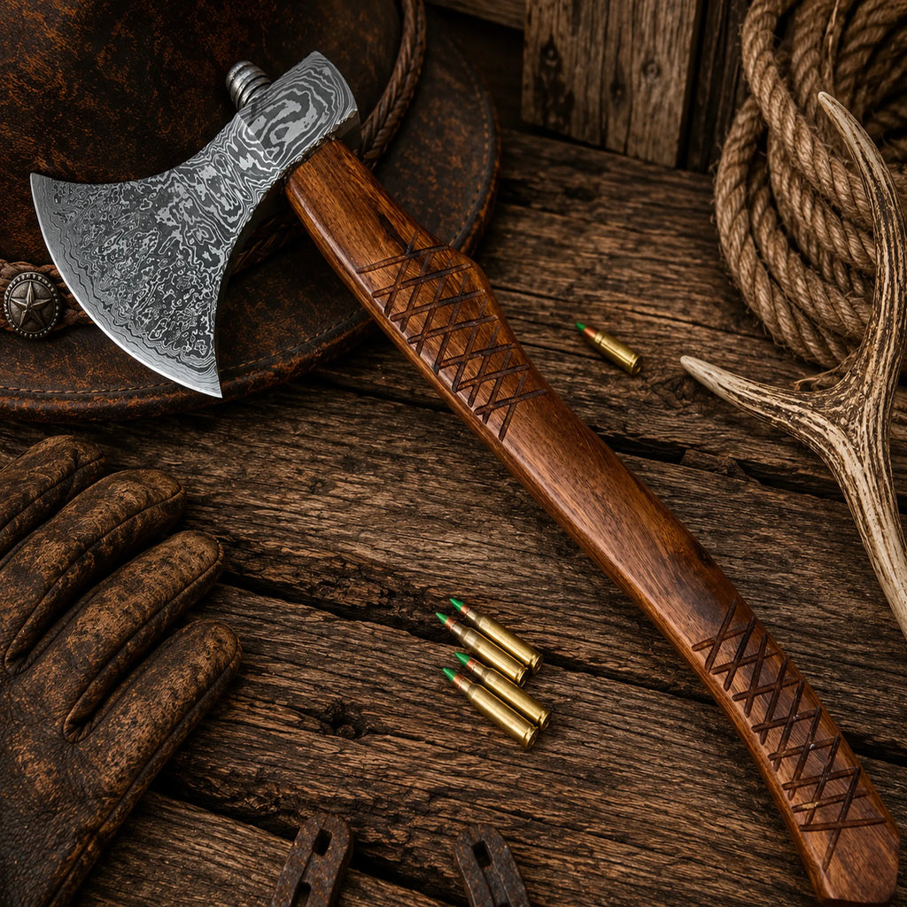 Custom Damascus Steel Axe with Rosewood Handle | Handmade Camping Hatchet