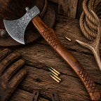 Custom Damascus Steel Axe with Rosewood Handle | Handmade Camping Hatchet