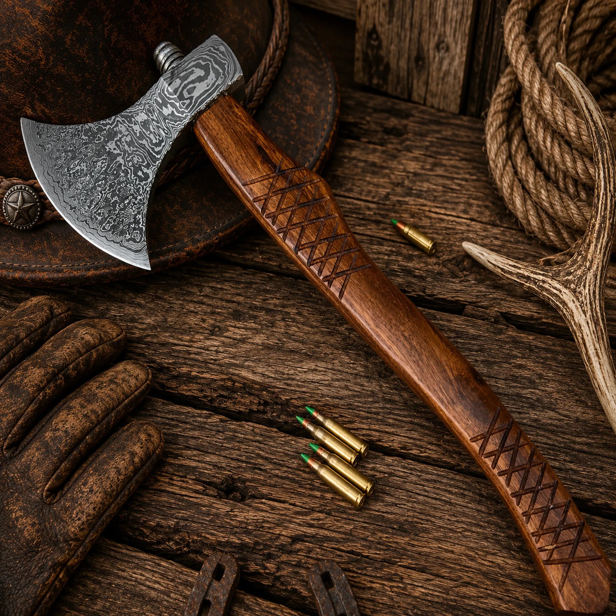 Custom Damascus Steel Axe with Rosewood Handle | Handmade Camping Hatchet