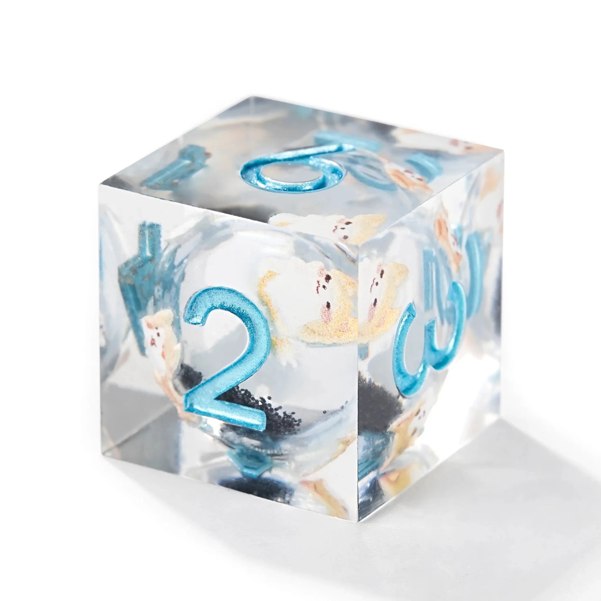 Cute Anime Corgi Puppy Black Quicksand Liquid Core Resin Polyhedron Dice Set + Blue Font