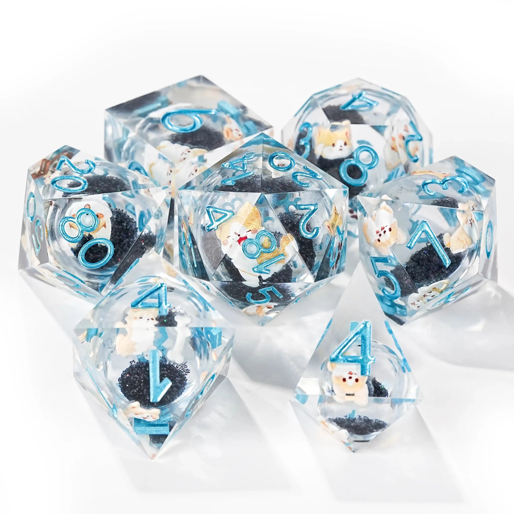 Cute Anime Corgi Puppy Black Quicksand Liquid Core Resin Polyhedron Dice Set + Blue Font
