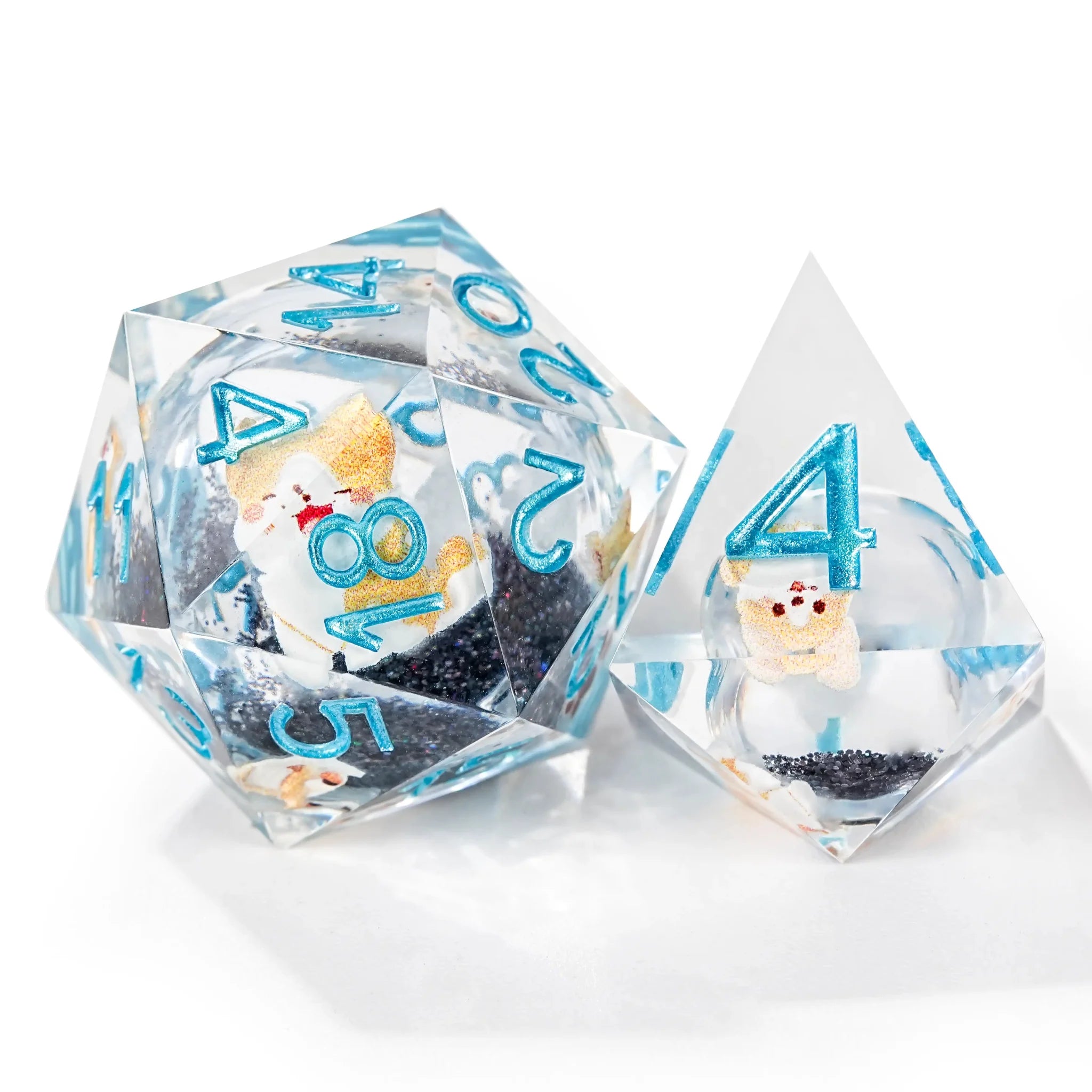Cute Anime Corgi Puppy Black Quicksand Liquid Core Resin Polyhedron Dice Set + Blue Font