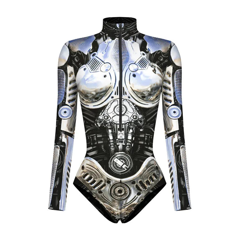 Cyberpunk Robot Armor Zentai 3D Digital Print Jumpsuit Briefs Cosplay Costume Women's Zipper Bodysuit Party Halloween