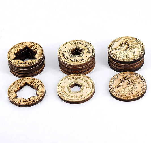 D&D Inspiration Coin Tokens Laser Cut Wood Carved with Dragon & Ship Rudder (Set of 9) Board Games for Adults