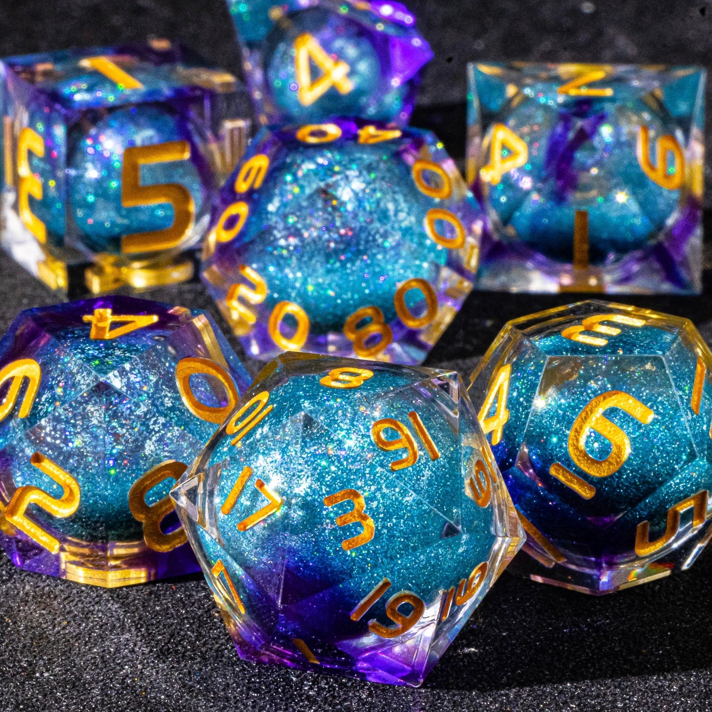 D&D Liquid Core Dice & Galaxy Sharp Edge D and D Dungeon and Dragon Pathfinder Role Playing Games Dice,Gold foil resin dice