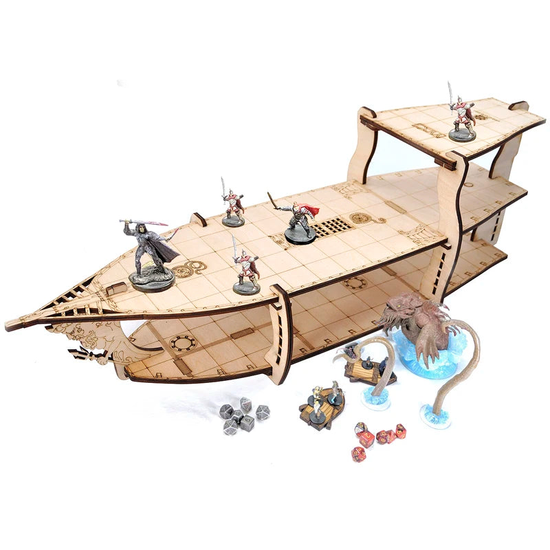 D&D Miniatures Action Figure Wood Display Stand - Large 3-Level Brigantine Ship Bundle for Tabletop RPG