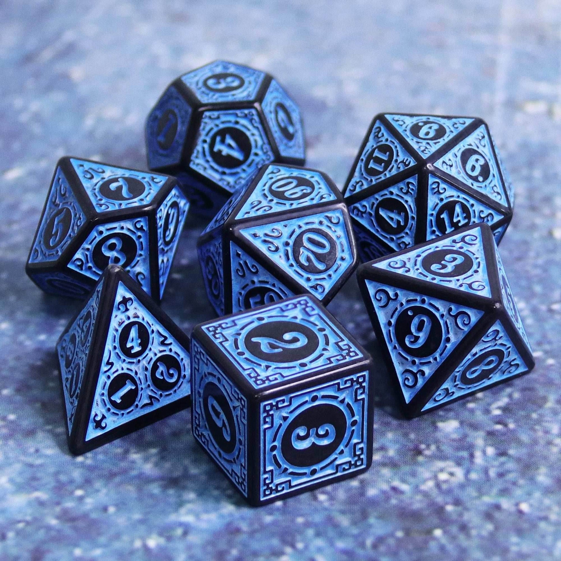 Blue Magic Flame 7-Dice Set DND RPG Dice Black w/Color Fill - 