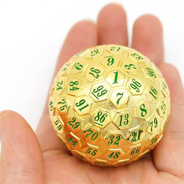 Golden Metal d100 w/ Green Numbers Dungeons and Dragons RPG - 