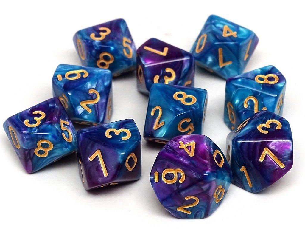 D10 Pack - Ten Count Pack of Turquoise and Magenta Swirl 10 Sided Dice