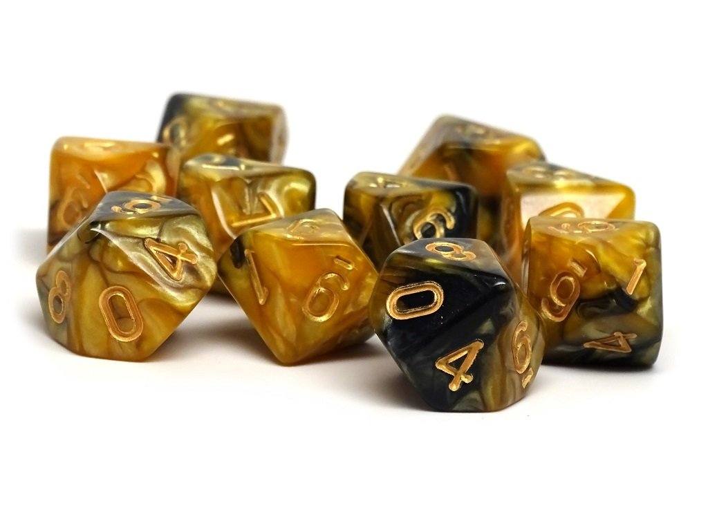 D10 Pack - Ten Count Pack of Yellow and Black Granite 10 Sided Dice