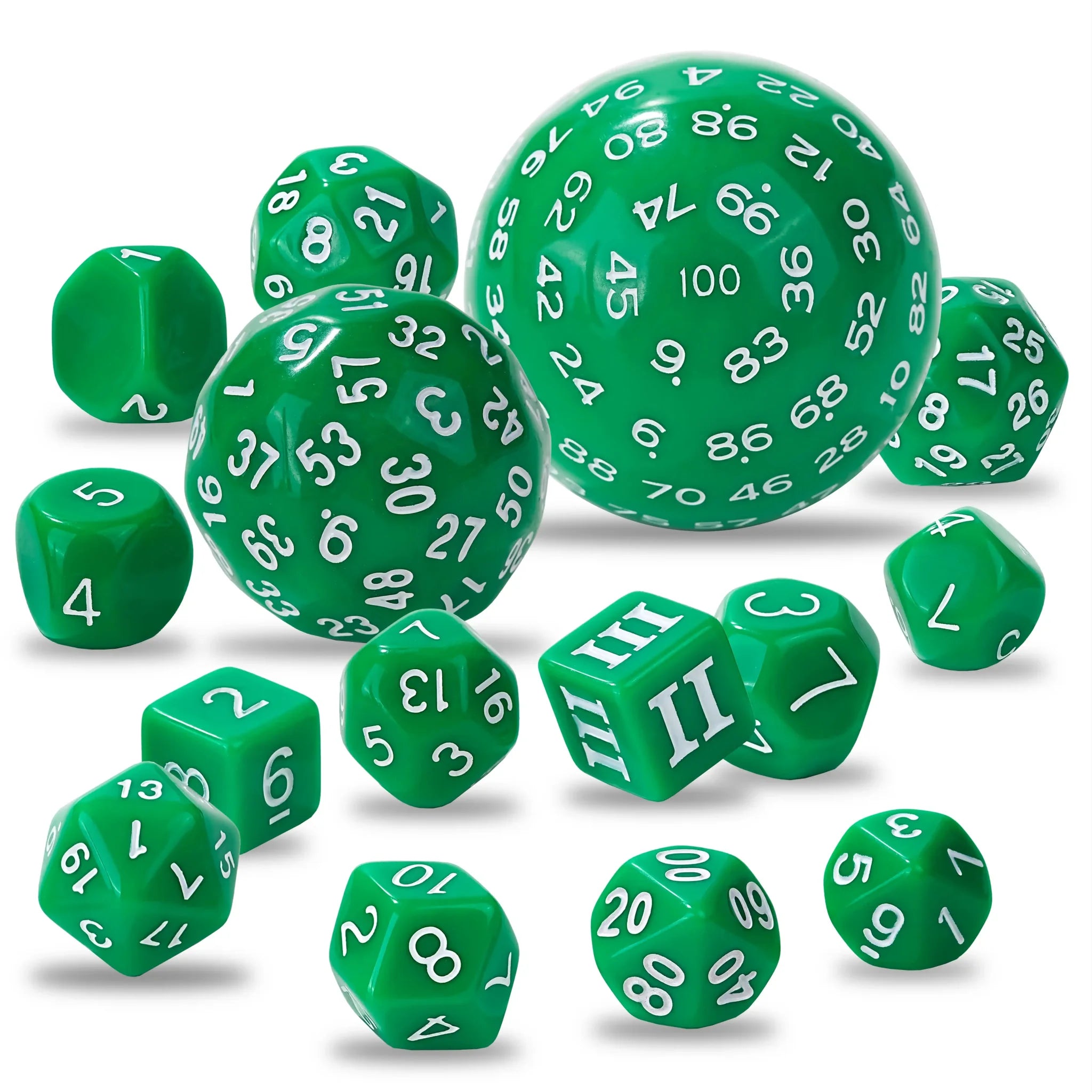 Roll D100 Dice Set - 15 Green Acrylic Polyhedron Dice