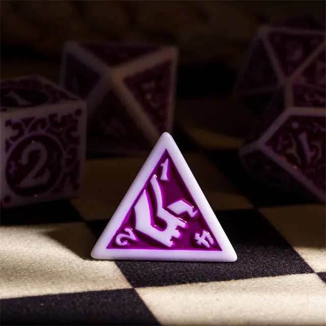 White with Purple rregular Pattern Fill: 7-Piece Acrylic Dice Set - 