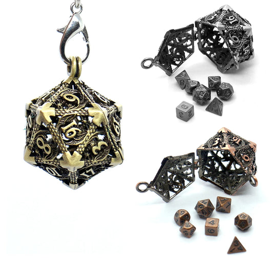 D20 Metal Hollow Box+7pcs Metal Dice Set, Portable Board Game Dice Mini Kit