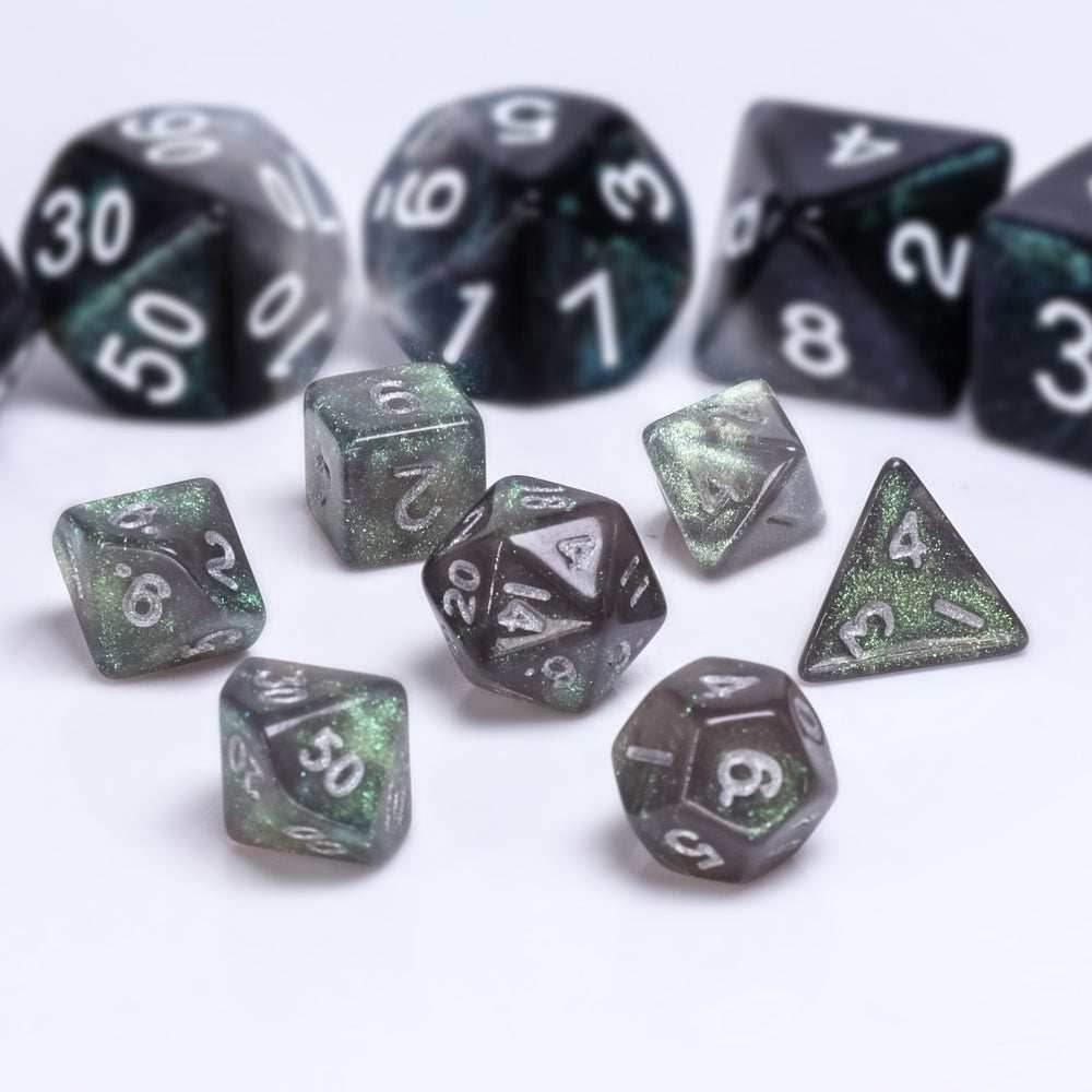 Grey Iridescent 7-Dice Mini-Dice RPG Set w/Silver Numbers Miniature Dice - 