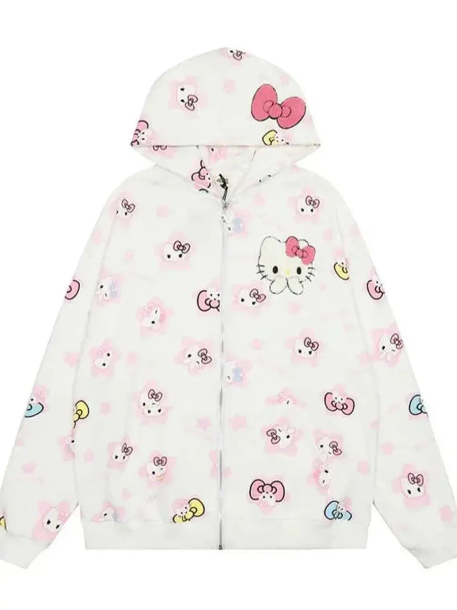 'Kittyy Gurl' Kawaii Zipped Oversized  Hoodie