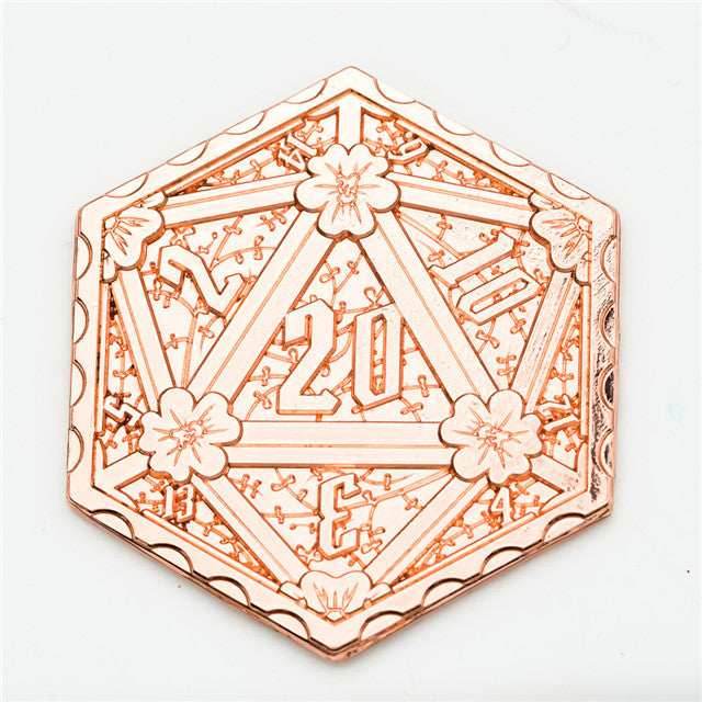 Copper d2 Coin Shaped like d20 Solid Copper Rose Gold Color - 