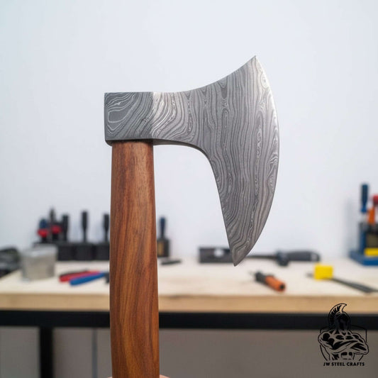 Damascus Steel Scandinavian Working Bearded Axe with Crescent Edge | JW SteelCrafts