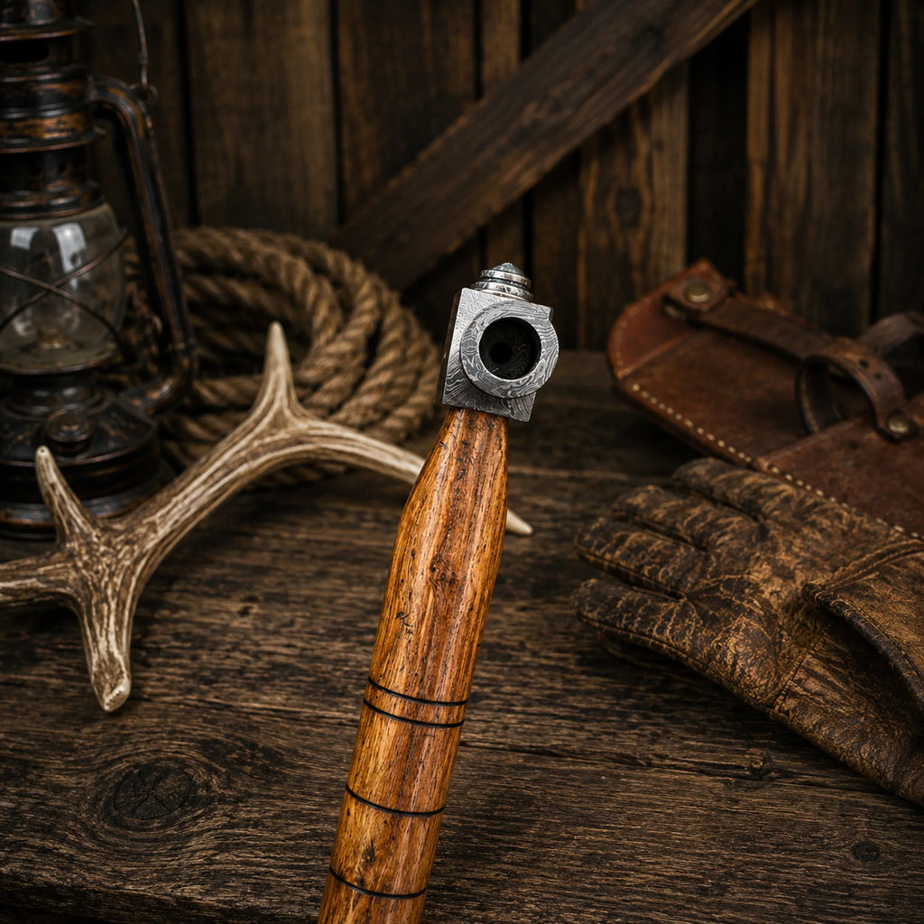 Handmade Damascus Steel Pipe Tomahawk Axe with Wood Handle & Sheath