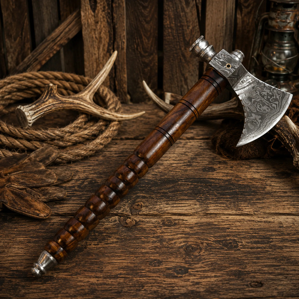 Handmade Damascus Steel Tomahawk Axe | Smokey Wood Throwing Hatchet