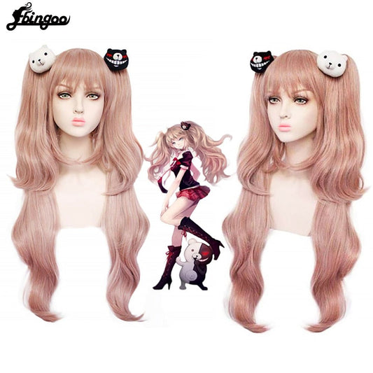 Danganronpa: Enoshima Junko Cosplay Wig Heat Resistant Long pink Natural Wave Wig With Ponytail Clip with Bangs+Hair Cap