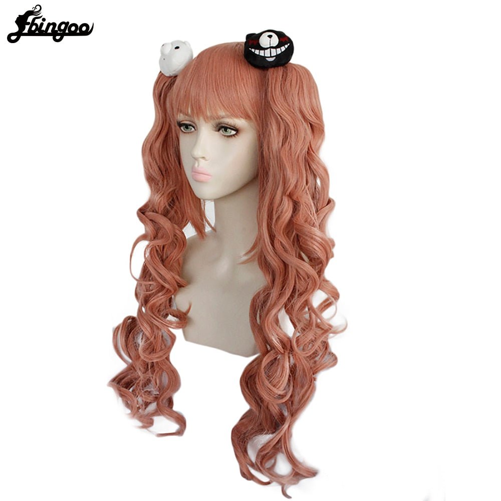 Danganronpa: Enoshima Junko Cosplay Wig Heat Resistant Long pink Natural Wave Wig With Ponytail Clip with Bangs+Hair Cap