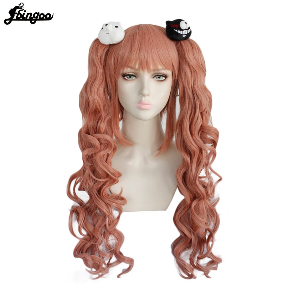 Danganronpa: Enoshima Junko Cosplay Wig Heat Resistant Long pink Natural Wave Wig With Ponytail Clip with Bangs+Hair Cap