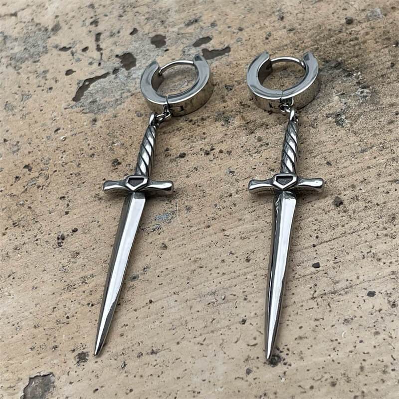 Dangle Sword Stainless Steel Hoop Earrings - Stainless Steel / A Pair