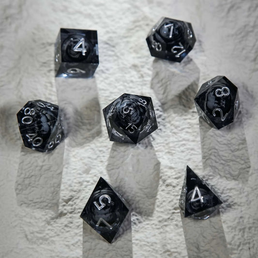 Dark Sorcerer's Skull Frame Liquid Core Resin Dice Set Silver Font