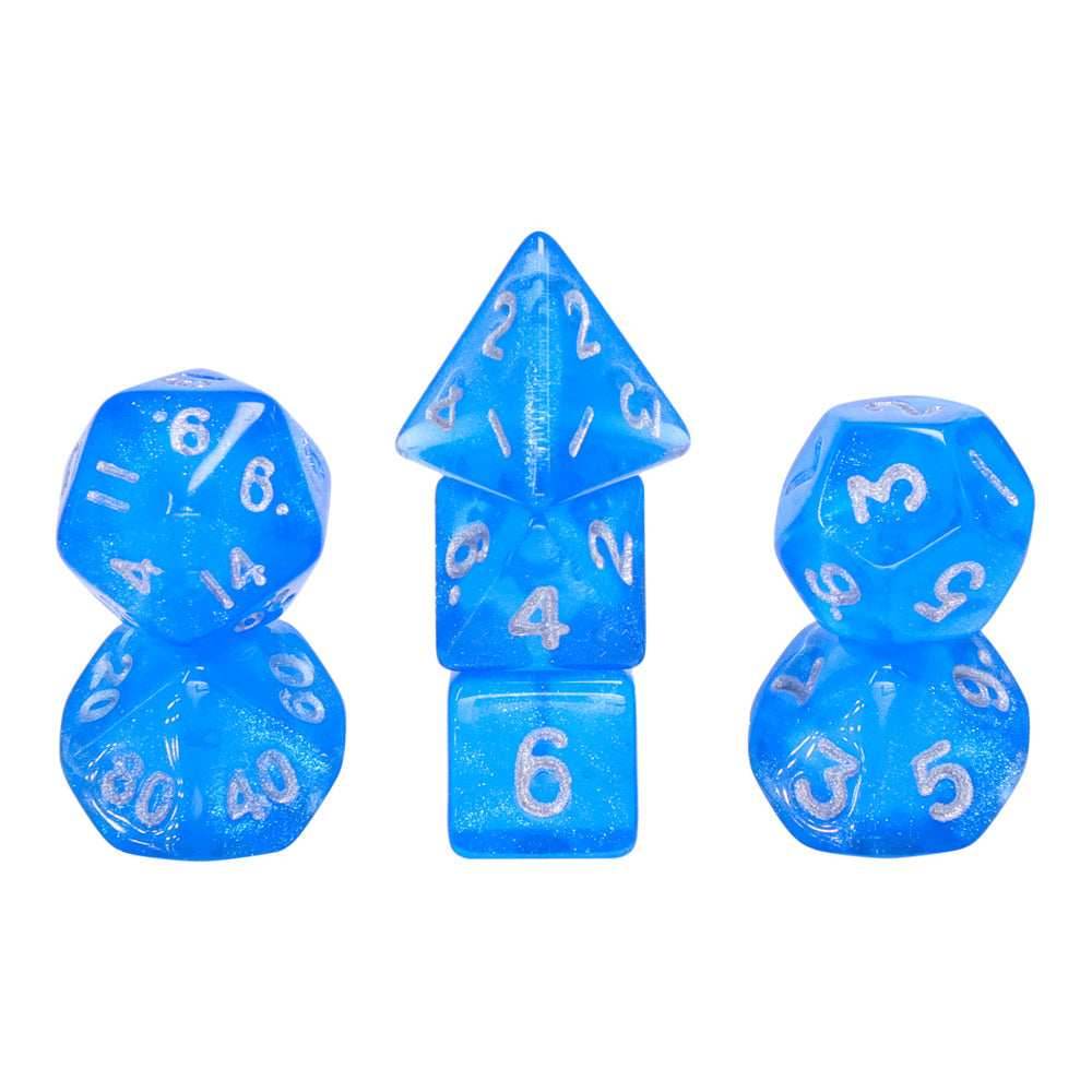 Glitter Blue 7-Dice Mini-Dice RPG Set w/Silver Numbers Miniature Dice - 