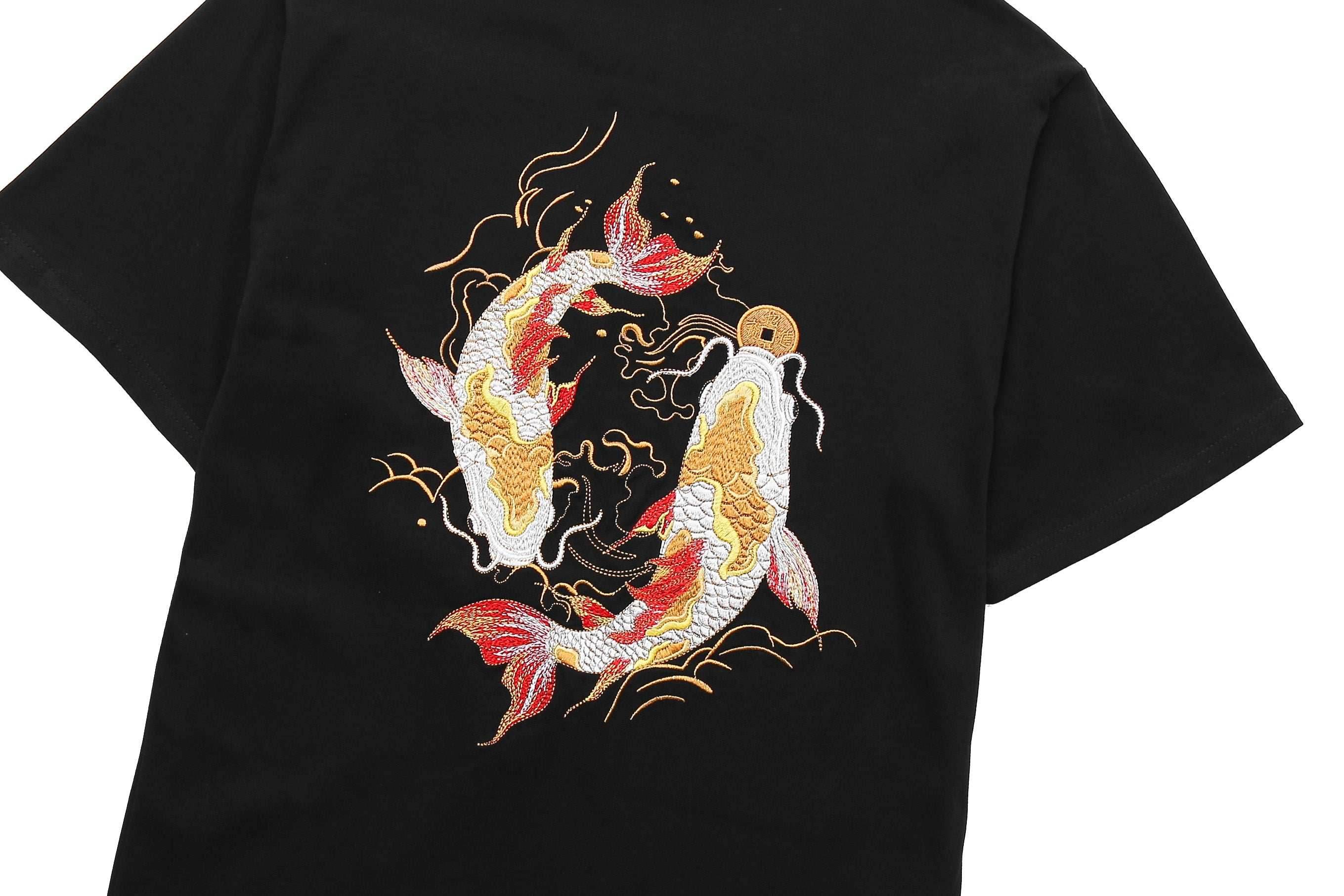 KH852 Golden Koi Fish Embroidery Tee - Black / S