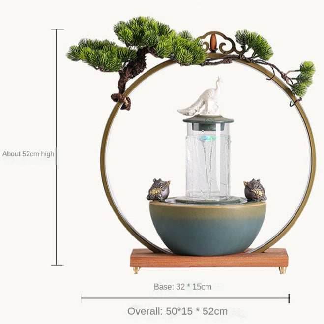 Lucky Pheasant Round LED Backflow Incense Burner With Flowing Water Fortune Fountain - 