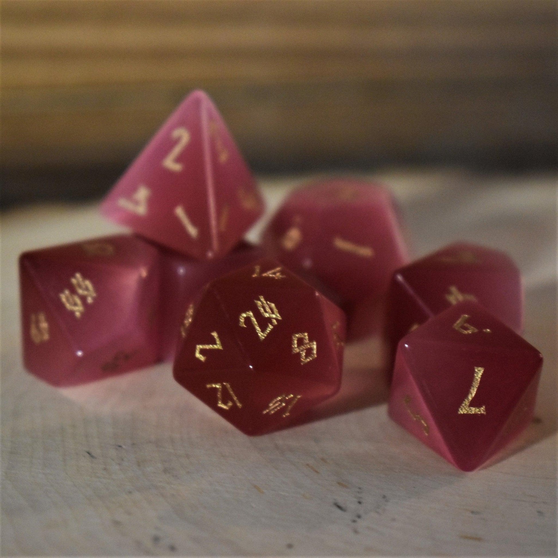 Deep Pink Cat's Eye Stone Dice Set