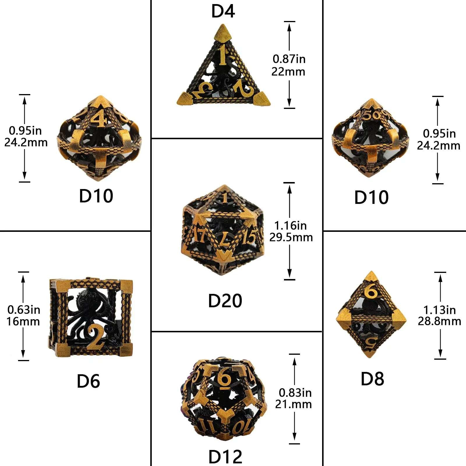 Deep Sea Monster - Gold 3D Octopus Hollow Metal RPG Dice Set