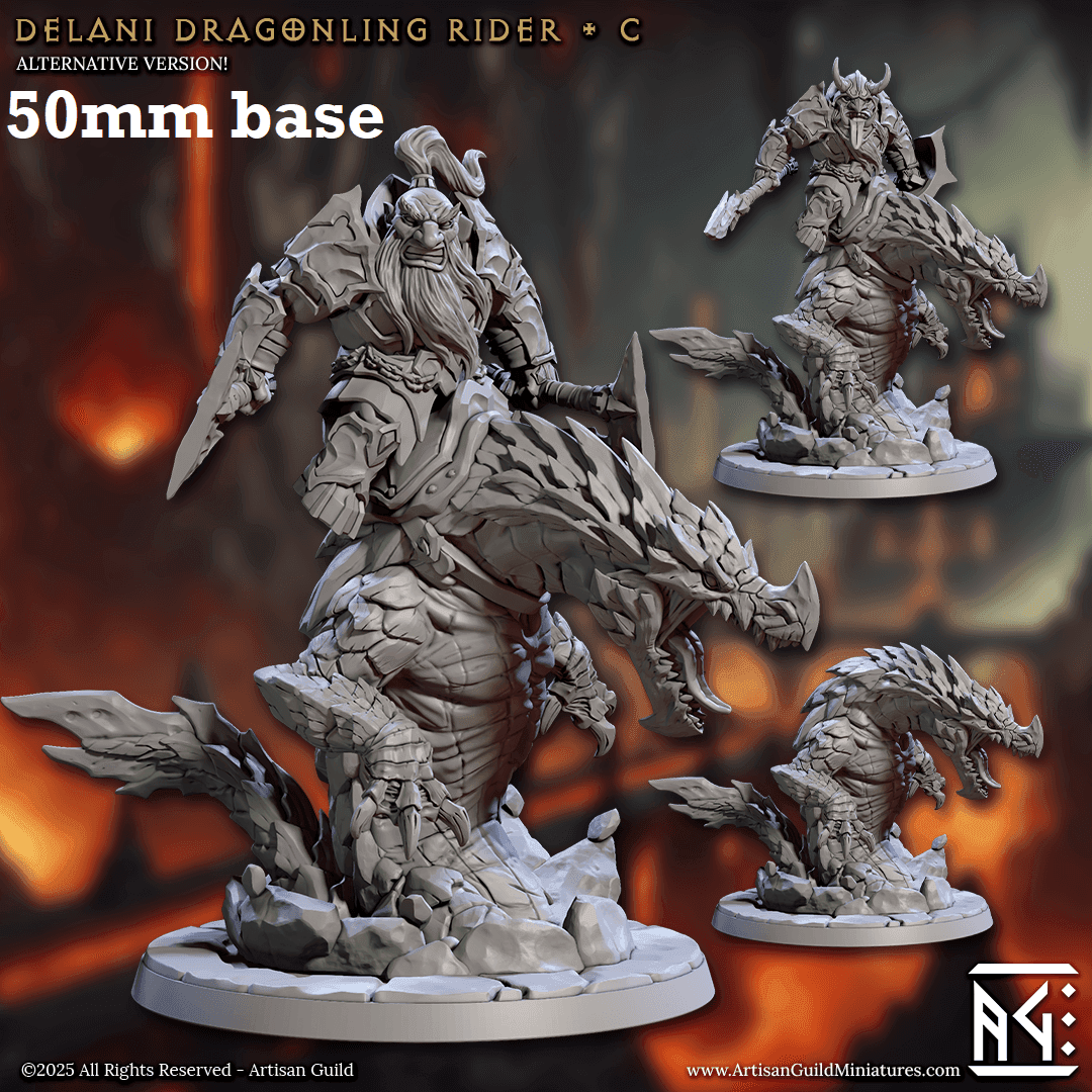 Delani Dragonling Rider: Sculpt C (Dwarven Dragonrider Cavalry Unit) - No Helmet / Handaxe / Handaxe
